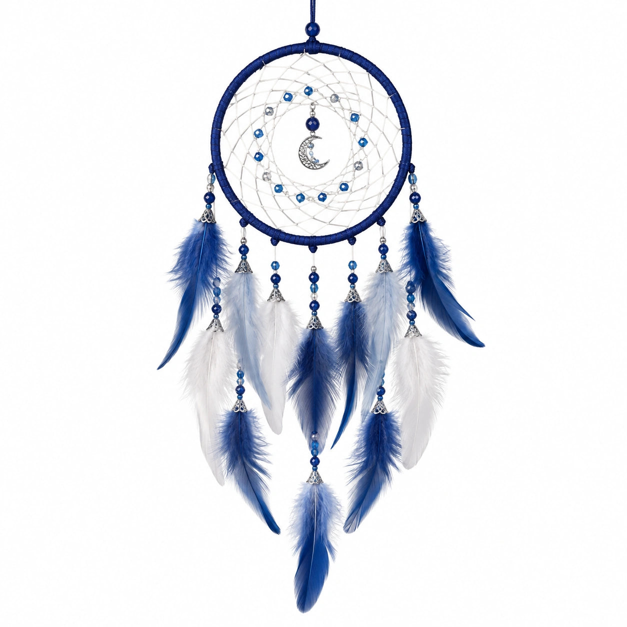Attrape-rêves 30 x 75 cm bleu et blanc en plumes et perles avec motif lune décoratif