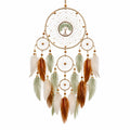 Attrape-rêves mural 45 x 90 cm en corde et plumes beige vert sauge style bohème
