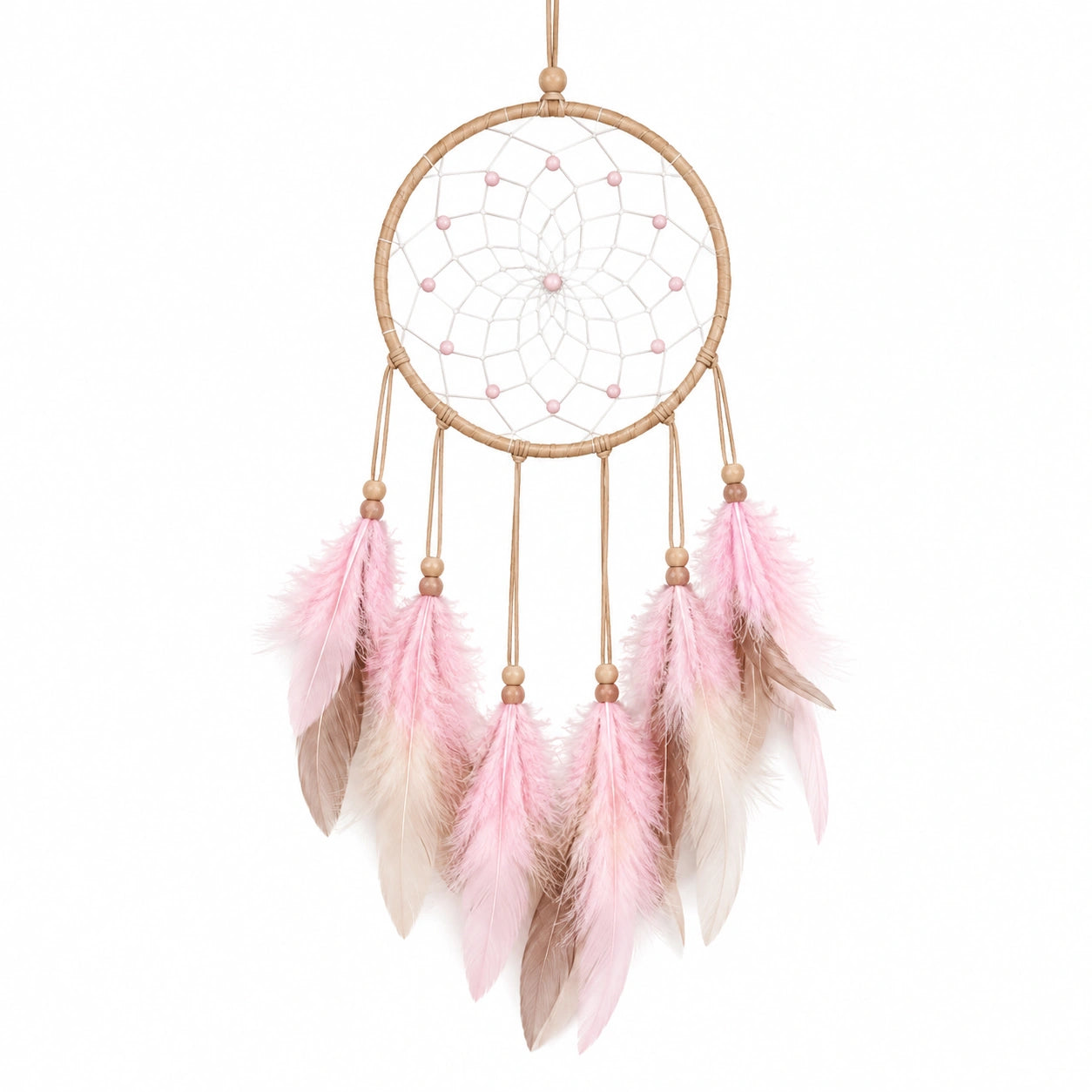 Attrape-rêves 25 x 65 cm en rotin rose beige avec plumes décoration murale bohème