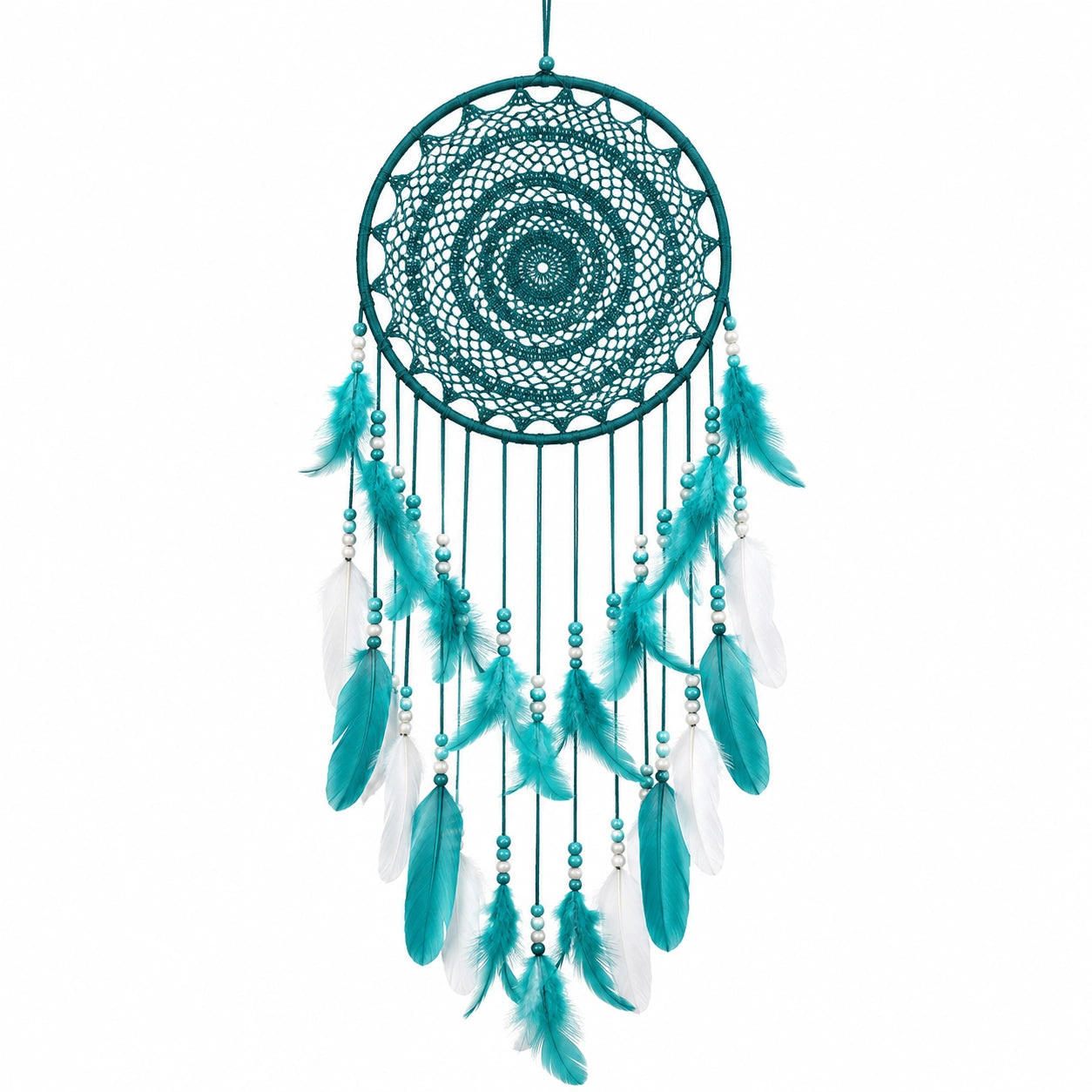 Attrape rêves 30 x 70 cm turquoise et blanc en textile tressé à plumes style bohème