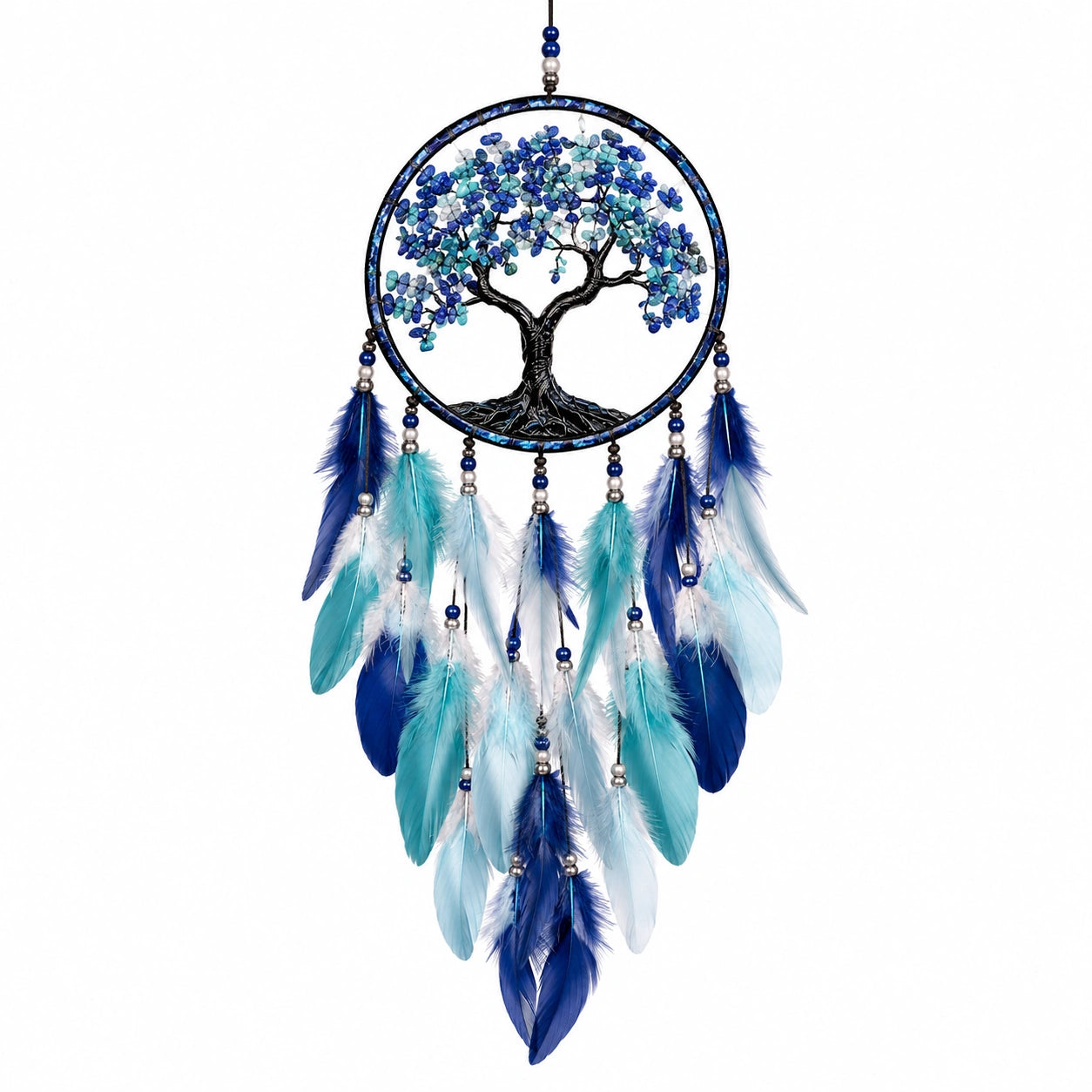 Attrape-rêves suspendu 30 x 75 cm en métal et plumes bleu turquoise style bohème décoratif