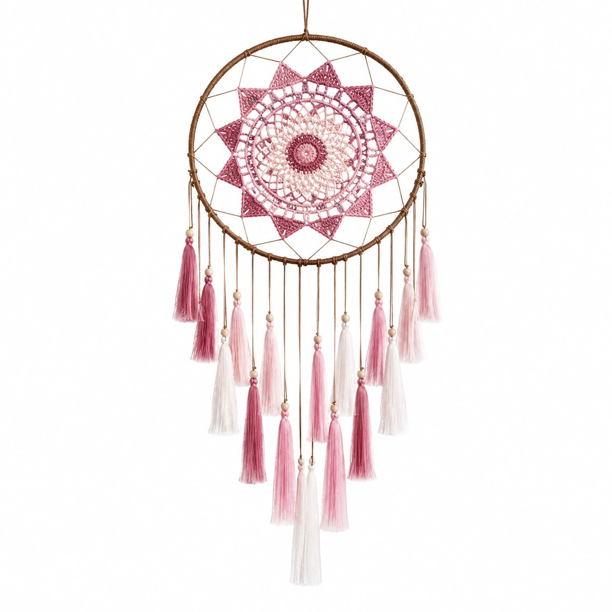 Attrape-rêves suspendu 40 x 90 cm en corde textile rose marron et blanc style bohème