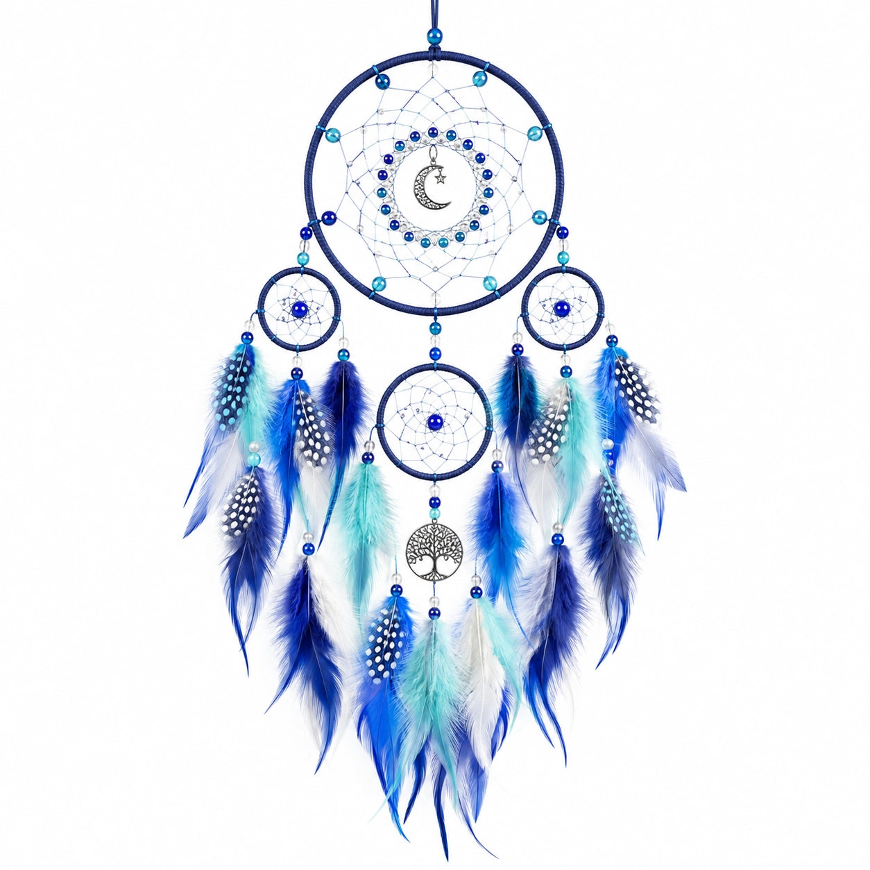 Attrape-rêves décoratif 35 x 85 cm en fibres bleues avec plumes suspension murale