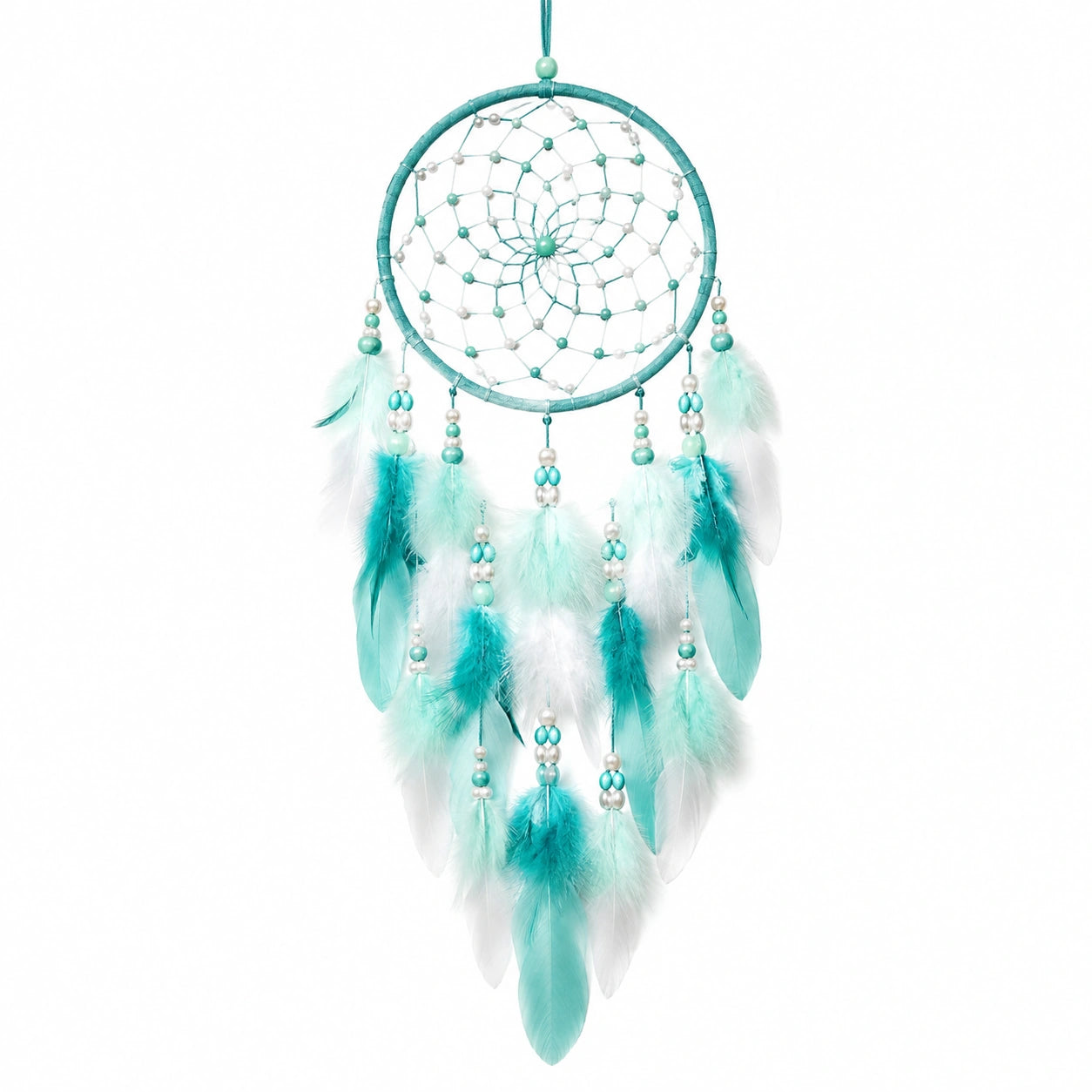 Attrape-rêves suspendu 20 x 60 cm en fibres et plumes turquoise blanc décoratif