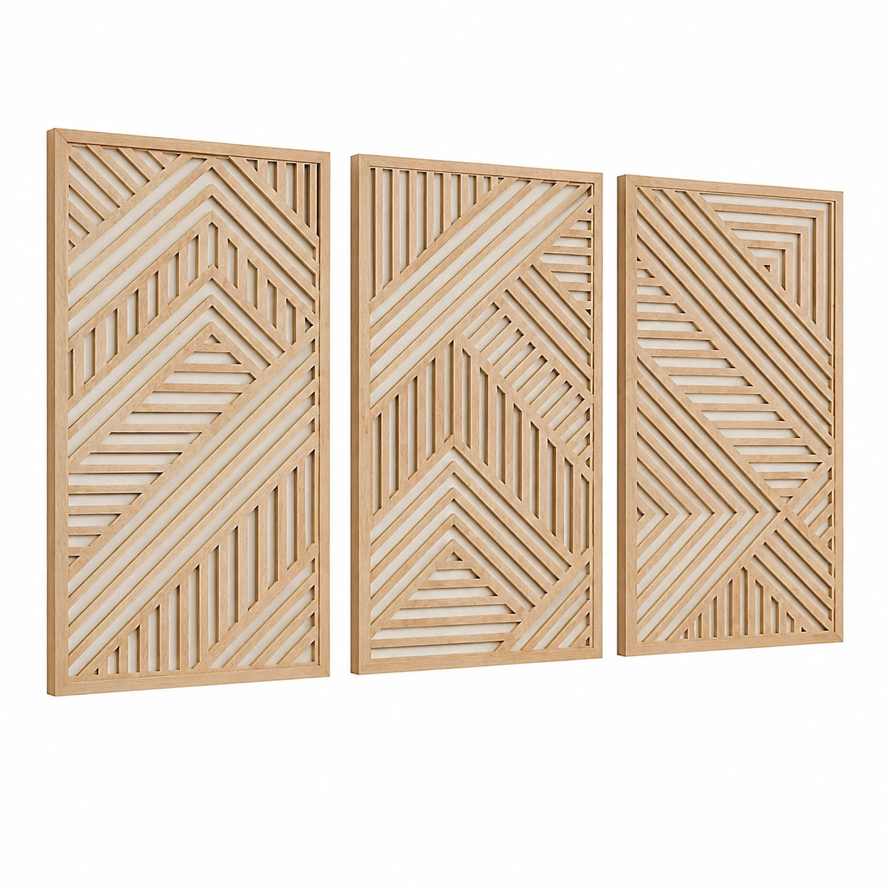 Lot de 3 panneaux décoratifs muraux 90 x 40 cm en bois naturel - motifs géométriques ajourés