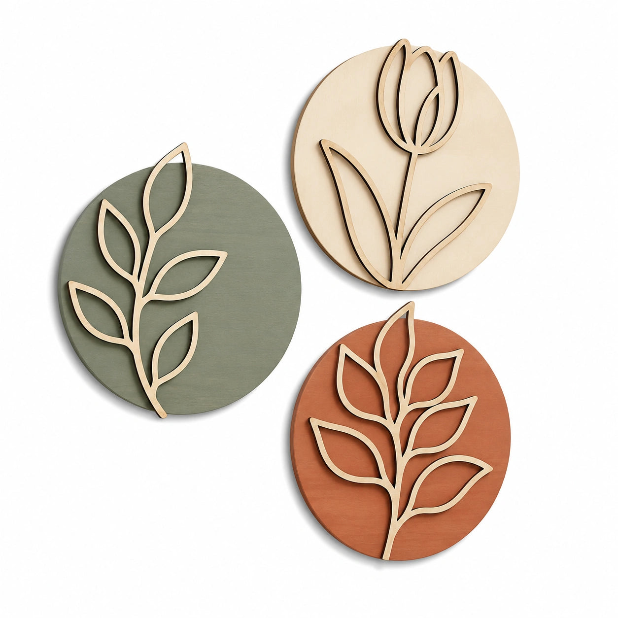 Lot de 3 décorations murales rondes 30 cm en bois vert beige terracotta motif végétal style naturel