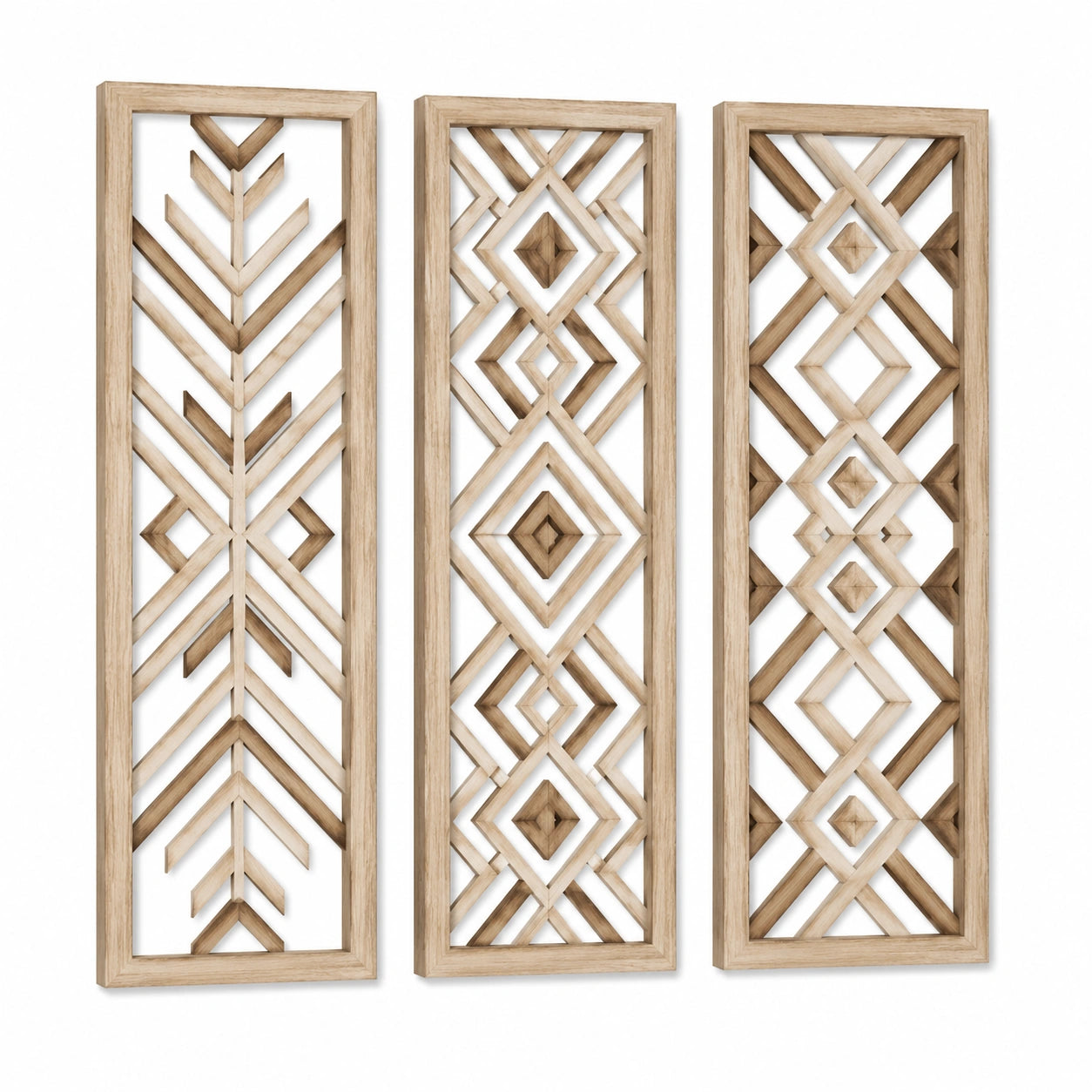 Décoration murale lot de 3 panneaux 30 x 90 cm en bois naturel à motifs géométriques ajourés