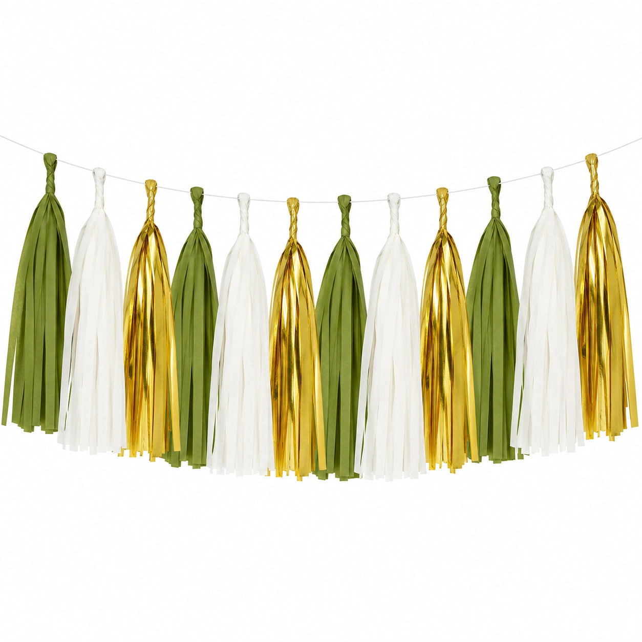 Guirlande à pompons 200 cm en papier vert olive blanc doré pour fête