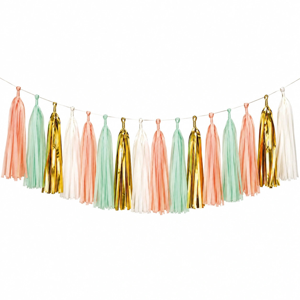 Guirlande à pompons 300 x 45 cm en papier rose menthe blanc doré pour décoration de fête
