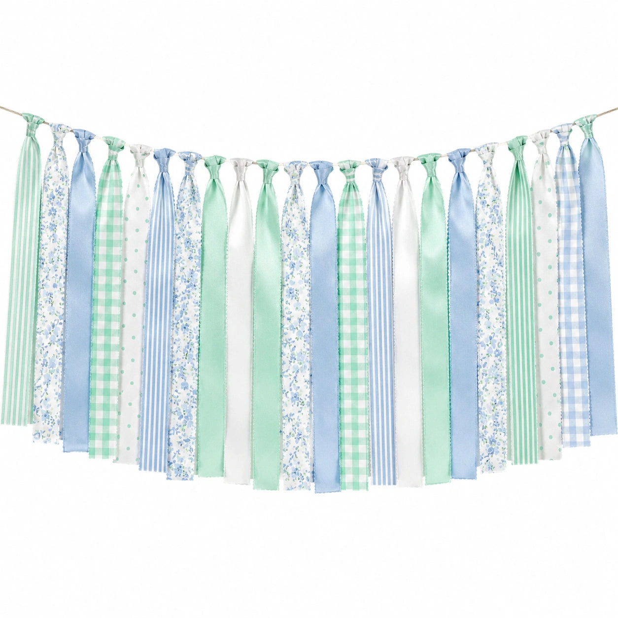 Guirlande décorative 150 x 60 cm en tissu bleu vert blanc à nouer