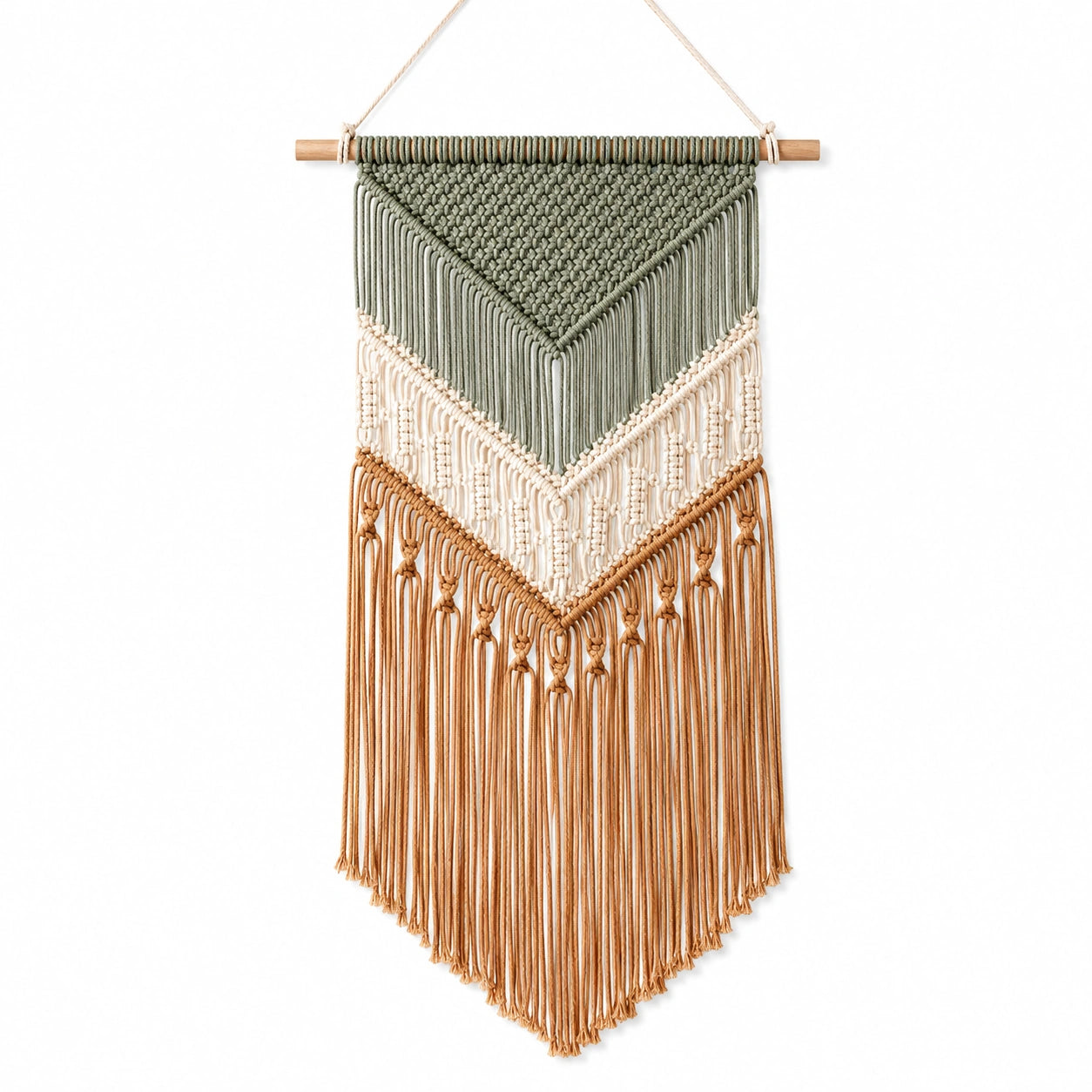 Décoration murale tissée 45 x 85 cm en corde de coton vert sauge écru marron style bohème