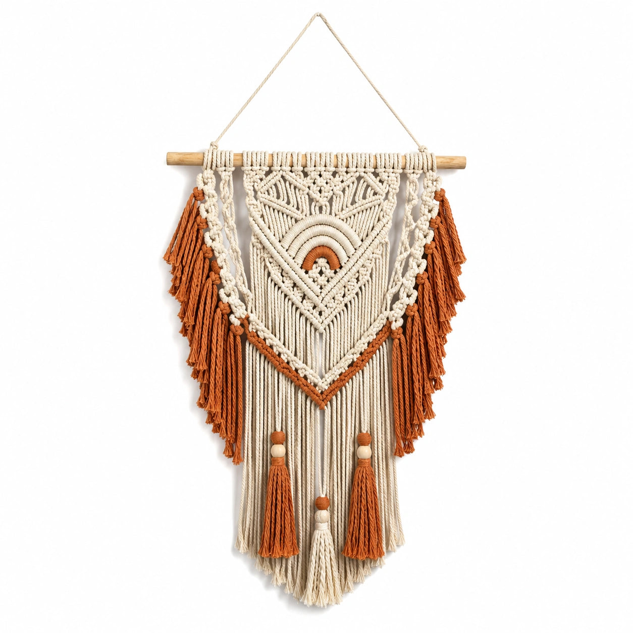 Tenture murale 50 x 90 cm en corde de coton écru terracotta style bohème à franges