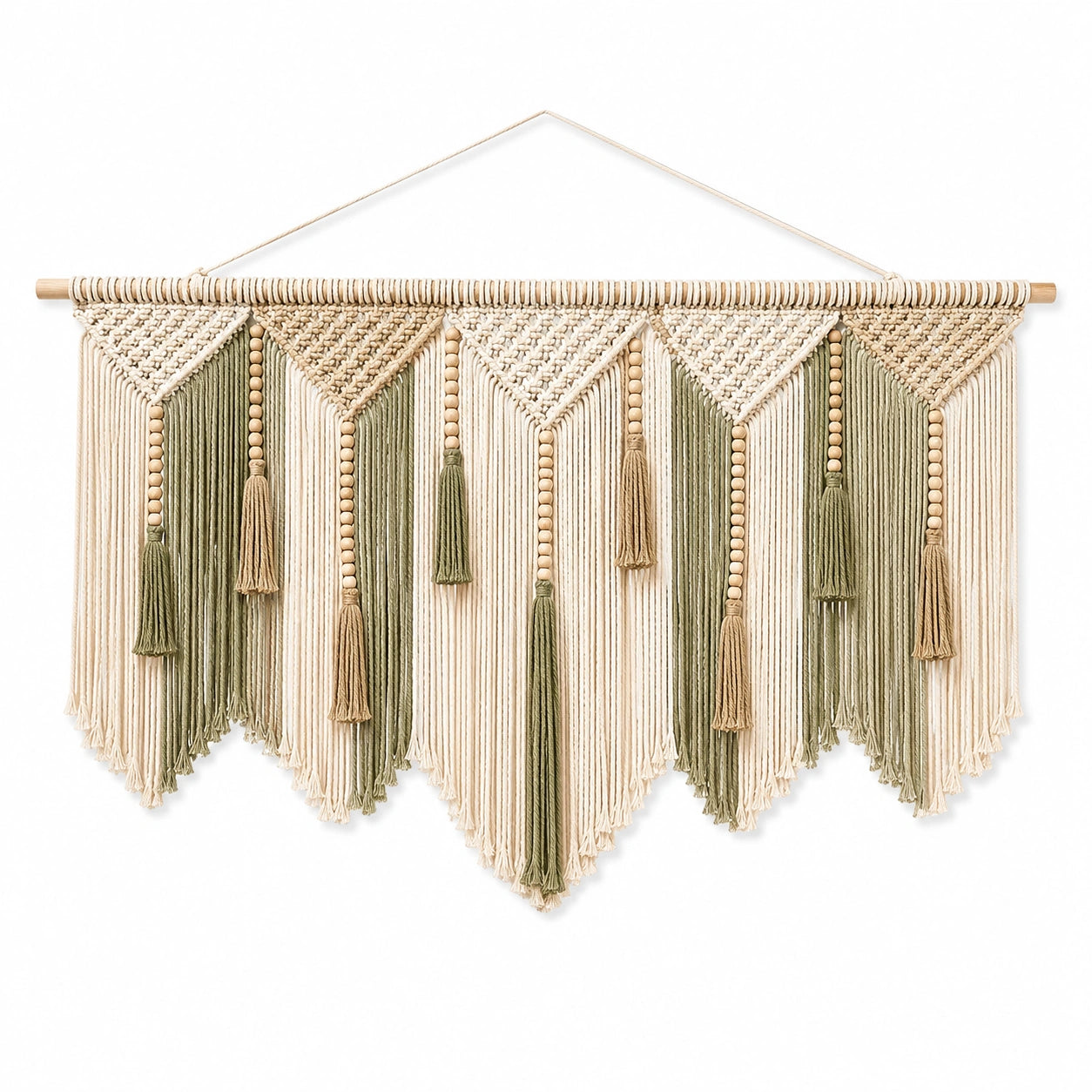 Tenture murale en coton 120 x 95 cm vert olive et beige style bohème à franges