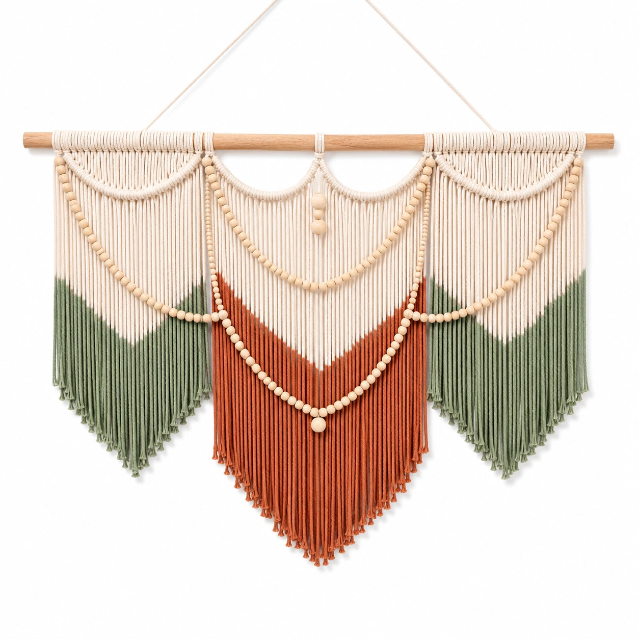 Décoration murale macramé 100 x 90 cm en coton vert terracotta et écru style bohème
