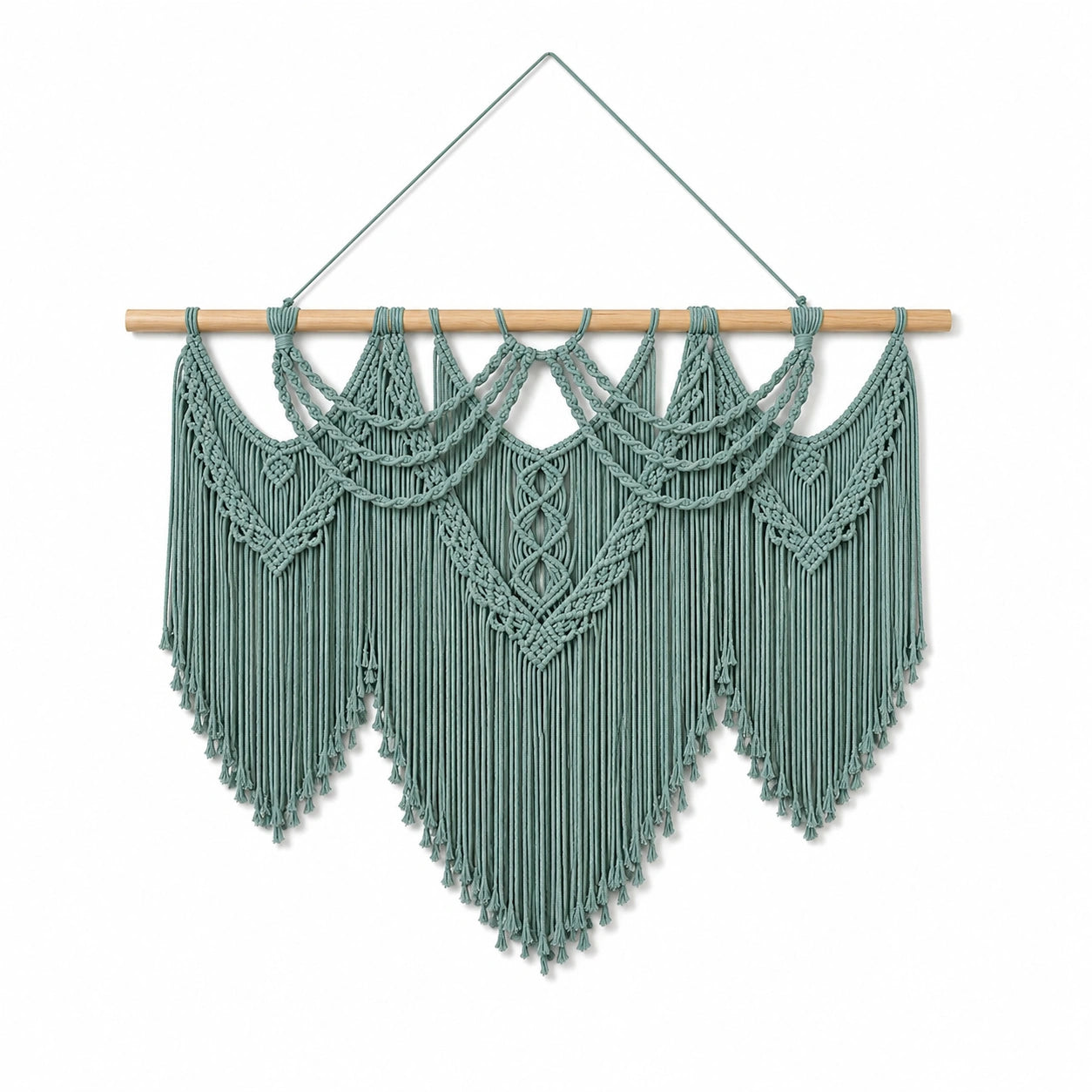 Tapisserie murale macramé 95 x 105 cm en coton vert sauge avec barre en bois style bohème