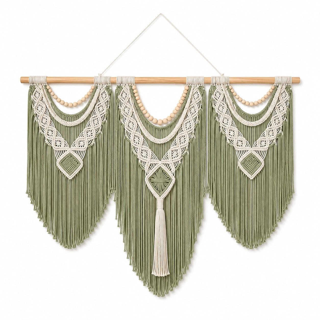 Tenture murale 100 x 90 cm en coton vert sauge et écru style bohème décorative