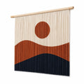 Tapisserie murale 90 x 110 cm en fibres textiles écru terracotta bleu marine avec barre en bois style géométrique