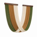Tapisserie murale suspendue 60 x 100 cm en bois et cordons textiles vert marron écru style bohème