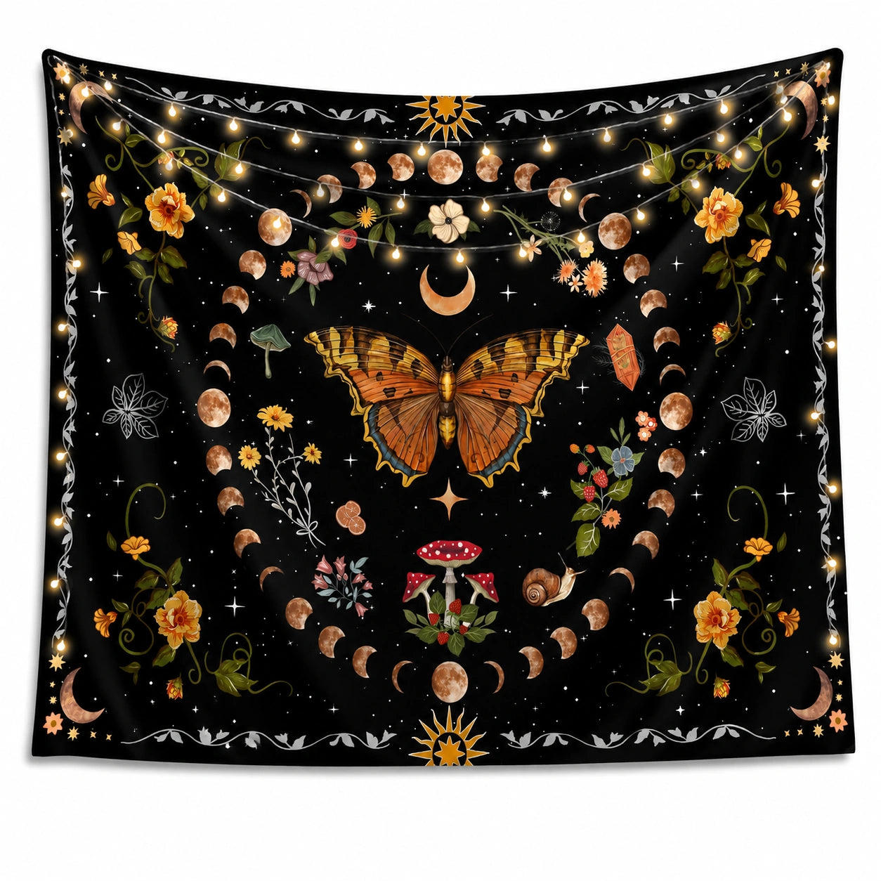 Tapisserie murale 150 x 150 cm en polyester noir à motif papillon et phases lunaires décorative