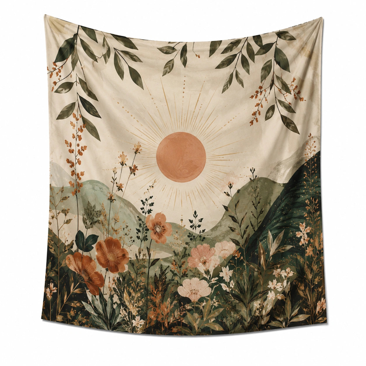 Tapisserie murale 150 x 150 cm en polyester beige motif paysage floral style bohème