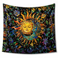 Tapisserie murale 150 x 150 cm en polyester noir motif soleil lune et fleurs style bohème