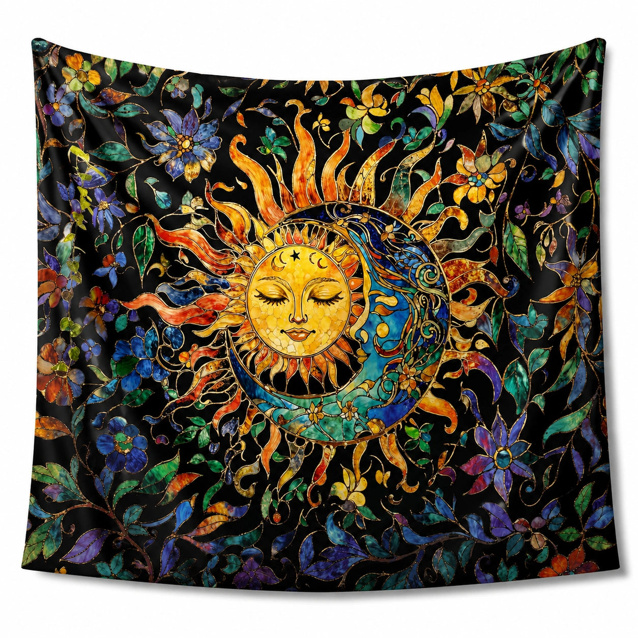 Tapisserie murale 150 x 150 cm en polyester noir motif soleil lune et fleurs style bohème
