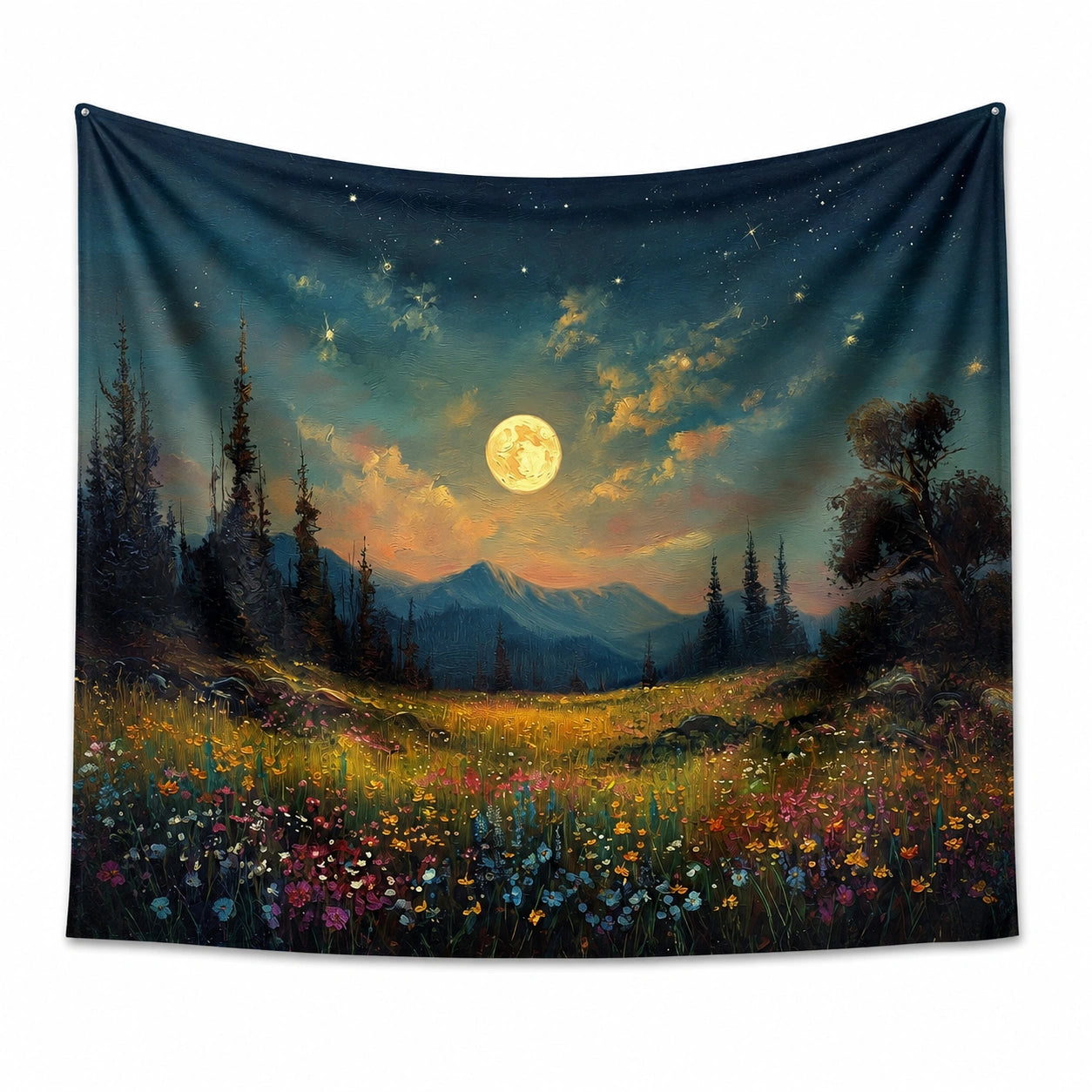 Tenture murale 150 x 130 cm paysage nocturne en polyester bleu multicolore décorative